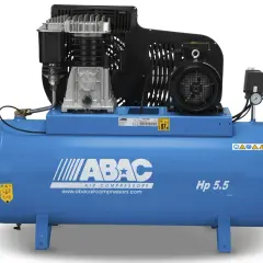Compresor de aire azul de la marca ABAC, modelo Hp 5.5, con motor y depósito.