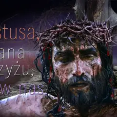 Litania do Krwi Chrystusa, przelanej na krzyżu, kiedy odmawiamy, wybaw nas. Obraz przedstawia cierpiącego Jezusa, koronę cierniową, kielich z krwią i hostię.