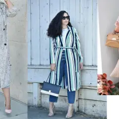 Trzy kobiety plus size prezentują stylowe kreacje: w koronkowym trenczu, w pasiastym kardiganie i w sukience w kratę.