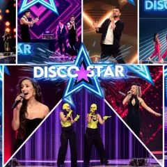 Kolaż zdjęć z programu Disco Star: wykonawcy śpiewający na scenie, tancerze w czerwonych strojach, wokalistki w błyszczących kreacjach.