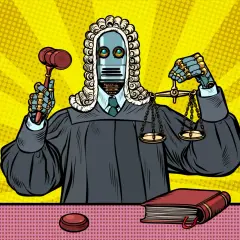 A robot judge, a symbol of ai in art, holds a gavel and scales of justice.