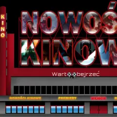 Neonowy szyld kina zapowiada "Nowości Kinowe", sugerując premiery filmów 2026. Warto obejrzeć!