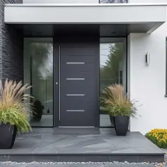 Moderner hauseingang gestalten: Dunkle Tür, seitliche Glasflächen, Ziergräser und Herbstbepflanzung schaffen ein einladendes Ambiente.