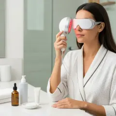 Kvinna med ögonmask och LED-ljus-enhet för ansiktsbehandling hemma.