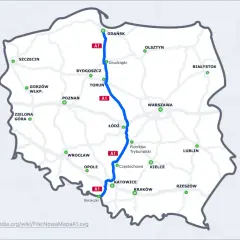 Mapa pokazuje autostrady i drogi ekspresowe w Polsce, z zaznaczoną trasą A1 łączącą Gdańsk z Katowicami i dalej z Gorzyczkami.