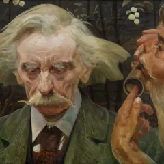 Portret mężczyzny z wąsami i faunem, symbolizujący przedstawicieli symbolizmu w malarstwie.
