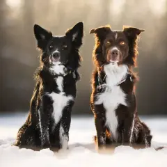 Dwa urocze psy rasy border collie miniaturka siedzą w śniegu, oświetlone ciepłym, zimowym słońcem.