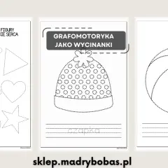 Zestaw ćwiczeń grafomotorycznych do wycinania po śladzie: serca, gwiazdki, trójkąt, czapka i piłka.