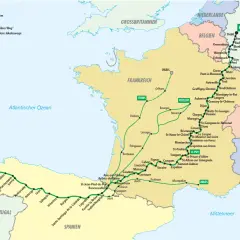 Karte zeigt den Jakobsweg von Köln nach Santiago de Compostela. Der "Kölner Weg" ist als Hauptroute markiert.