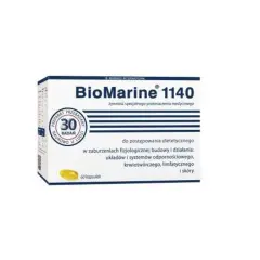 Opakowanie suplementu diety BioMarine 1140, zawierające 60 kapsułek. Produkt przeznaczony do postępowania dietetycznego w zaburzeniach fizjologicznej budowy i działania układów odpornościowego, krwionośnego, limfatycznego i skóry.