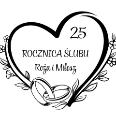 25 rocznica ślubu Róży i Miłosza. Dwa obrączki w sercu z kwiatami.