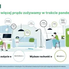 Infografika pokazuje wzrost zużycia prądu w domu podczas pandemii: komputer, laptopy, radio, lampy, ekspres do kawy i wiatrak.