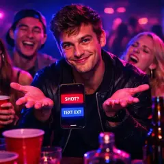 Fest med vänner, en telefon visar "SHOT? TEXT EX?". Vad blir det **denna eller den** svenska kvällen?