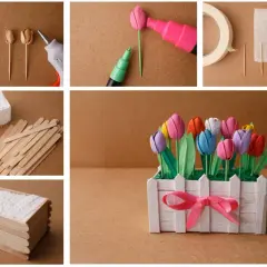 Creazione di un vaso di tulipani colorati con bastoncini di legno e pistacchi. Lavoretti utili per la casa, perfetti per decorare.