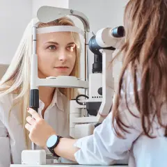 Badanie wzroku u okulisty. Pacjentka z jasnymi włosami poddaje się badaniu, które może pomóc zdiagnozować męty w oku, czasem pojawiające się po wysiłku fizycznym.