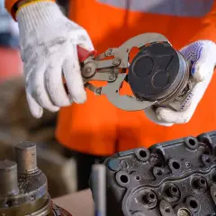 Mechanik w białych rękawiczkach używa specjalnego narzędzia do demontażu tłoka z zapieczonymi pierścieniami. Obok leży głowica silnika.