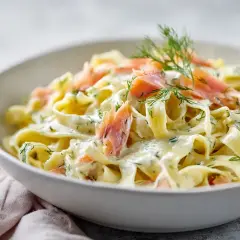 En skål med krämig pasta med laxsås, toppad med dill och laxbitar. En riktig svensk klassiker!