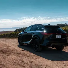 Czarny Lexus RX 400h na drodze wśród winnic, z mglistymi górami w tle.