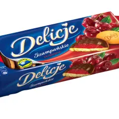 Opakowanie ciastek Delicje Szampańskie Wiśniowe z soczystymi wiśniami i czekoladą.