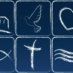Sechs Symbole: Kirche, Taube, Herz, Fisch, Kreuz und Wellen. Sie repräsentieren das Glaubensbekenntnis.