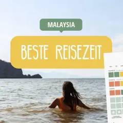 Frau im Meer blickt auf Insel. Über ihr steht "MALAYSIA" und "BESTE REISEZEIT". Rechts eine Übersicht zur Reisezeit.