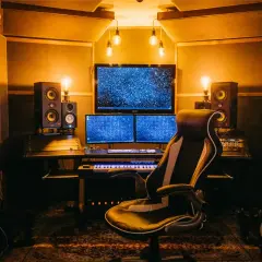 Ein Tonstudio mit Monitoren, Lautsprechern und Gitarren. Hier wird der **sound mixing** perfektioniert.