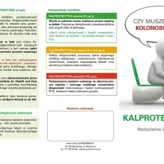 Grafika przedstawia ulotkę informacyjną o badaniu kalprotektyny w kale. Widać schematyczne postacie i tekst wyjaśniający znaczenie wyników.