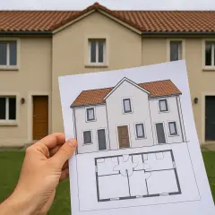 Plan pour diviser une maison en 2 maisons mitoyennes. La photo montre un plan architectural et une maison existante.