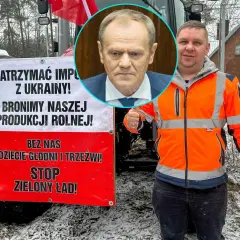 Tusk w moragu protestu rolników. Transparent "STOP Zielony Ład!" i zdjęcie Donalda Tuska.