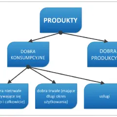 Schemat klasyfikuje produkty: dobra konsumpcyjne (nietrwałe, trwałe) i produkcyjne, a także usługi.