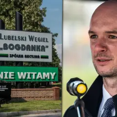 Znak kopalni "Bogdanka" i mężczyzna przy mikrofonie. Czy to on decyduje, ile kopalni zamknął po?