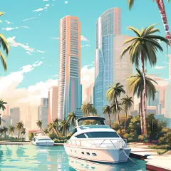 Miami co zobaczyć: luksusowe jachty cumujące przy nowoczesnych wieżowcach, otoczone bujną zielenią palm.