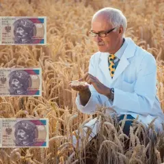 Rolnik w białym kitlu analizuje kłosy pszenicy, a obok widnieją banknoty 20 zł. Ceny zbóż Woźniak – czy plony przyniosą zysk?