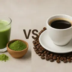 Szklanka zielonego napoju matcha i filiżanka kawy z ziarnami kawy.