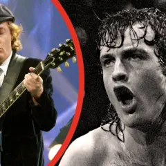 Dwóch wokalistów AC/DC: Angus Young gra na gitarze, a obok niego w zbliżeniu Brian Johnson krzyczy do mikrofonu.