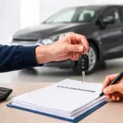 Passaggio di chiavi per un'auto cointestata. Una mano porge le chiavi, mentre un'altra firma l'atto di cointestazione su un tavolo con calcolatrice e pianta.