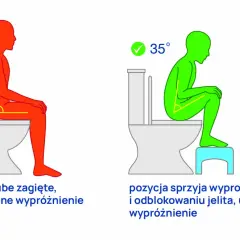 Prawidłowa pozycja do defekacji: 35° ułatwia wypróżnienie, 90° utrudnia.