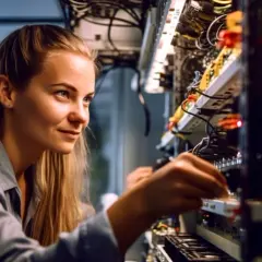 Junge Frau mit techniker zertifikat arbeitet an Servern.