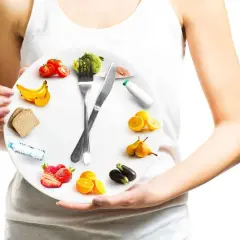 Une assiette en forme d'horloge illustrant la chrono nutrition avec des fruits, légumes, pain et eau.