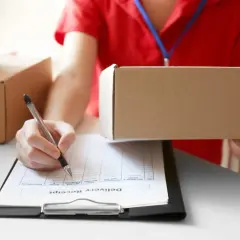 Kurier trzyma paczkę, a ręka z długopisem podpisuje dokument "Delivery Receipt". Paczka wydana do doręczenia.