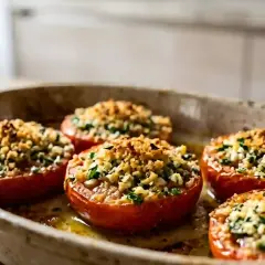 Tomates provençales grand-mère, garnies d'une chapelure dorée et d'herbes fraîches, dans un plat de cuisson. Un délice qui rappelle les saveurs d'antan.