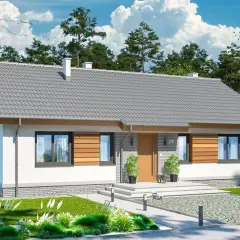 Nowoczesny, parterowy dom z drewnianymi elementami. Idealne tanie w budowie projekty domów jednorodzinnych dla rodziny.