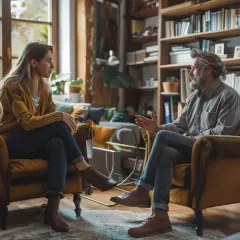 Uomo e donna in poltrone, in un ambiente accogliente. Lei ascolta, lui parla. Forse discutono del dirigente psicologo stipendio netto.