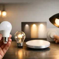 Mano sostiene bombilla LED. Detrás, una bombilla incandescente, un panel con luces y una lámpara de escritorio con regulador. La tulipa lámpara techo se ilumina.