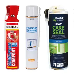 Fem burkar fogskum, inklusive Bostik, Soudal och Sika. En burk är märkt "lågexpanderande fogskum".