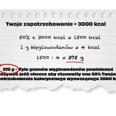 Obliczenia pokazujące, że 375g węglowodanów w diecie to 50% zapotrzebowania 3000 kcal.