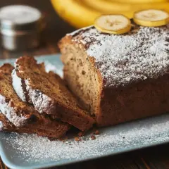 Pyszne, wilgotne ciasto bananowe, które zawsze się udaje. Pokrojone na kromki, posypane cukrem pudrem i ozdobione plasterkami banana.