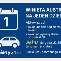 E-winieta Austria gdzie kupić? Dostępna na jeden dzień, ważna do 23:59 tego samego dnia. Kupisz na winiety24.eu.