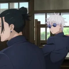 Zwei Freunde aus dem Jujutsu Kaisen Film, Suguru Geto und Satoru Gojo, sitzen in einem Raum.