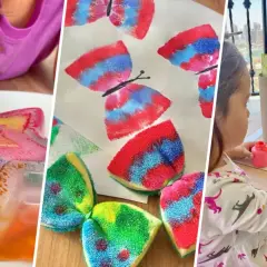 Niñas disfrutan de manualidades con pintura: pintan una estrella de hielo, mariposas con esponjas y un cuadro con rollos de papel.